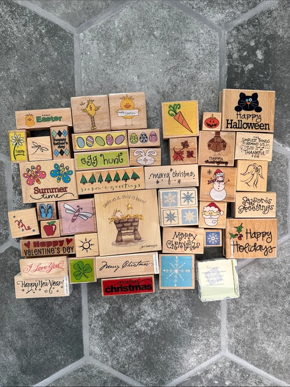 Giant Lot of 43 Mixed Holiday Wooden Rubber Stamps - Assorted Seasonal Designs